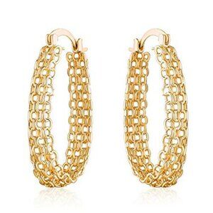 18K Gold Plated Link Mesh Braided Filigree Hoop Earrings (Gold)